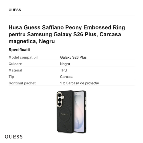 Husa Guess Saffiano Peony Embossed Ring pentru Samsung Galaxy S26 Plus, Carcasa magnetica, Negru [2]