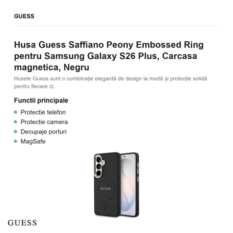 Husa Guess Saffiano Peony Embossed Ring pentru Samsung Galaxy S26 Plus, Carcasa magnetica, Negru [1]