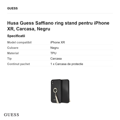 Husa Guess Saffiano ring stand pentru iPhone XR, Carcasa, Negru [2]