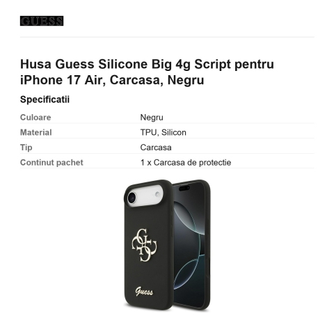 Husa Guess Silicone Big 4g Script pentru iPhone 17 Air, Carcasa, Negru [2]