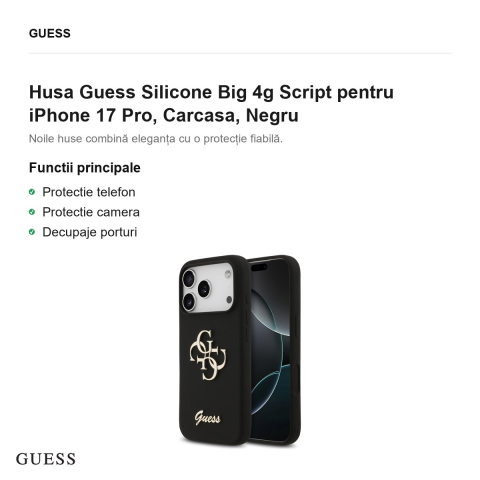 Husa Guess Silicone Big 4g Script pentru iPhone 17 Pro, Carcasa, Negru [1]