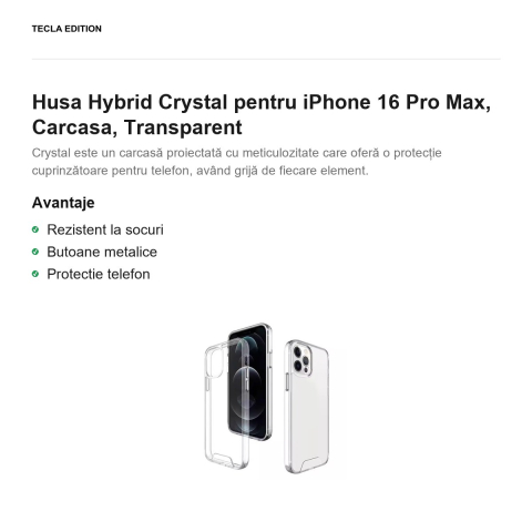 Husa Hybrid Crystal pentru iPhone 16 Pro Max, Carcasa, Transparent [1]