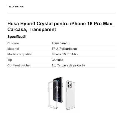 Husa Hybrid Crystal pentru iPhone 16 Pro Max, Carcasa, Transparent [2]