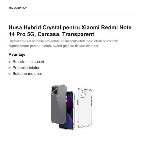 Husa Hybrid Crystal pentru Xiaomi Redmi Note 14 Pro 5G, Carcasa, Transparent [1]