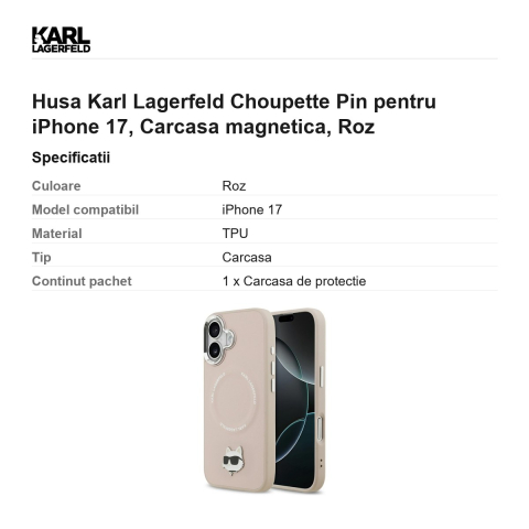 Husa Karl Lagerfeld Choupette Pin pentru iPhone 17, Carcasa magnetica, Roz [2]