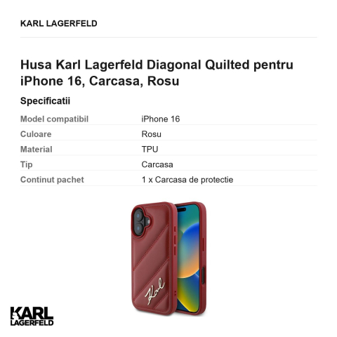 Husa Karl Lagerfeld Diagonal Quilted pentru iPhone 16, Carcasa, Rosu [2]
