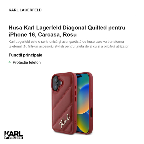 Husa Karl Lagerfeld Diagonal Quilted pentru iPhone 16, Carcasa, Rosu [1]