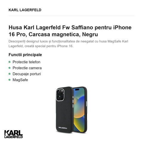 Husa Karl Lagerfeld Fw Saffiano pentru iPhone 16 Pro, Carcasa magnetica, Negru [1]