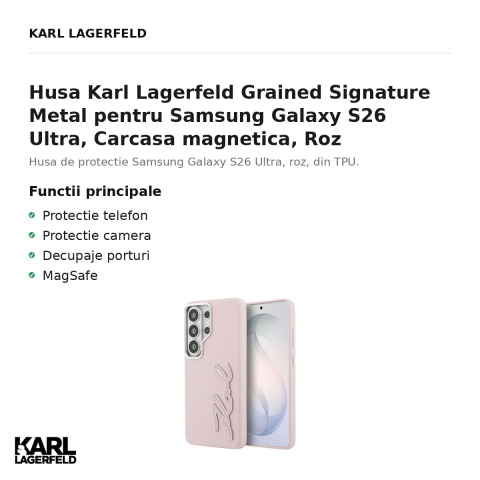 Husa Karl Lagerfeld Grained Signature Metal pentru Samsung Galaxy S26 Ultra, Carcasa magnetica, Roz [1]