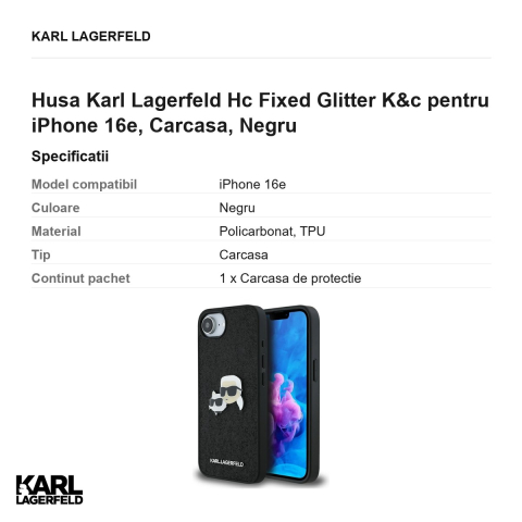 Husa Karl Lagerfeld Hc Fixed Glitter K&c pentru iPhone 16e, Carcasa, Negru [2]