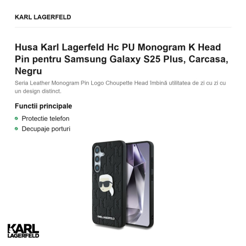Husa Karl Lagerfeld Hc PU Monogram K Head Pin pentru Samsung Galaxy S25 Plus, Carcasa, Negru [1]