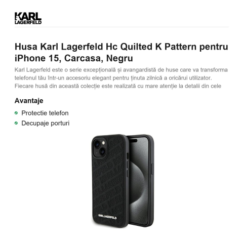 Husa Karl Lagerfeld Hc Quilted K Pattern pentru iPhone 15, Carcasa, Negru [1]