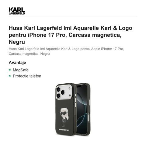 Husa Karl Lagerfeld Iml Aquarelle Karl & Logo pentru iPhone 17 Pro, Carcasa magnetica, Negru [1]