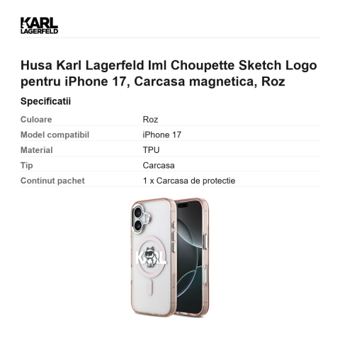 Husa Karl Lagerfeld Iml Choupette Sketch Logo pentru iPhone 17, Carcasa magnetica, Roz [2]