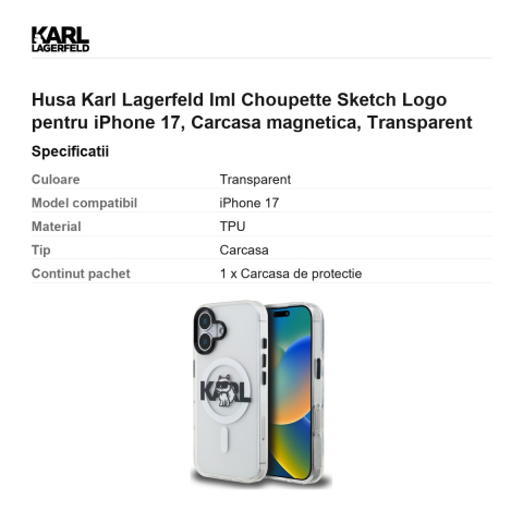 Husa Karl Lagerfeld Iml Choupette Sketch Logo pentru iPhone 17, Carcasa magnetica, Transparent [2]