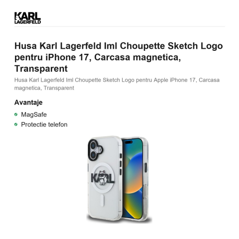 Husa Karl Lagerfeld Iml Choupette Sketch Logo pentru iPhone 17, Carcasa magnetica, Transparent [1]
