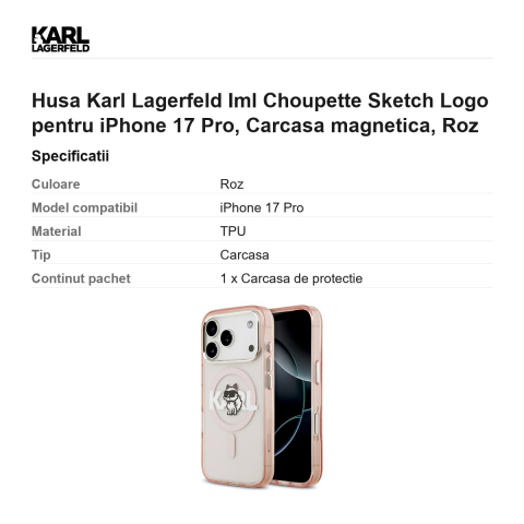 Husa Karl Lagerfeld Iml Choupette Sketch Logo pentru iPhone 17 Pro, Carcasa magnetica, Roz [2]