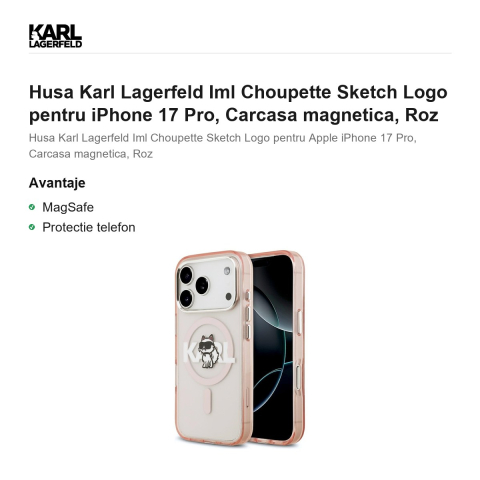 Husa Karl Lagerfeld Iml Choupette Sketch Logo pentru iPhone 17 Pro, Carcasa magnetica, Roz [1]