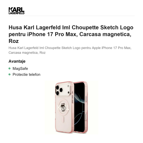 Husa Karl Lagerfeld Iml Choupette Sketch Logo pentru iPhone 17 Pro Max, Carcasa magnetica, Roz [1]