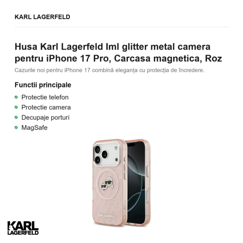 Husa Karl Lagerfeld Iml glitter metal camera pentru iPhone 17 Pro, Carcasa magnetica, Roz [1]