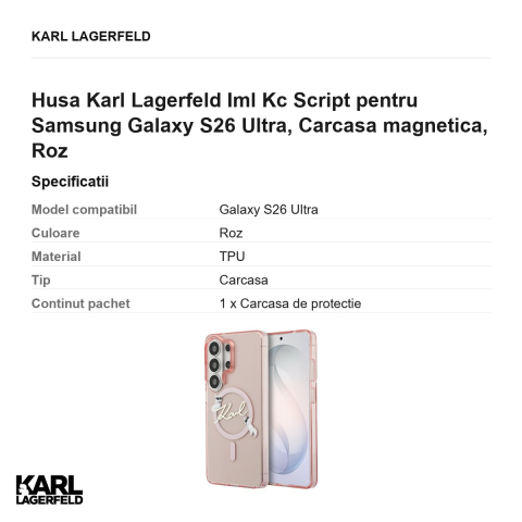 Husa Karl Lagerfeld Iml Kc Script pentru Samsung Galaxy S26 Ultra, Carcasa magnetica, Roz [2]