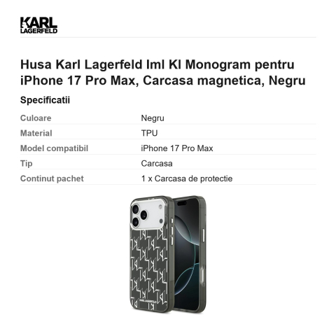 Husa Karl Lagerfeld Iml Kl Monogram pentru iPhone 17 Pro Max, Carcasa magnetica, Negru [2]