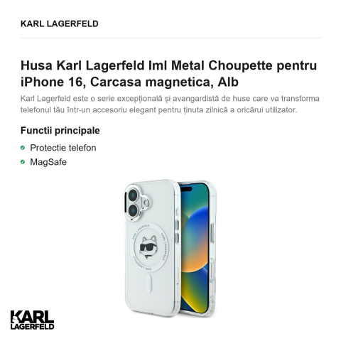 Husa Karl Lagerfeld Iml Metal Choupette pentru iPhone 16, Carcasa magnetica, Alb [1]