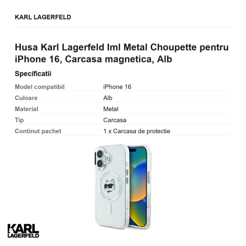 Husa Karl Lagerfeld Iml Metal Choupette pentru iPhone 16, Carcasa magnetica, Alb [2]
