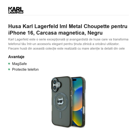 Husa Karl Lagerfeld Iml Metal Choupette pentru iPhone 16, Carcasa magnetica, Negru [1]