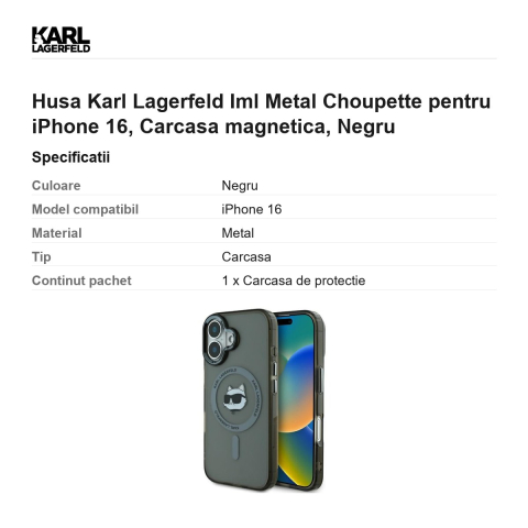 Husa Karl Lagerfeld Iml Metal Choupette pentru iPhone 16, Carcasa magnetica, Negru [2]