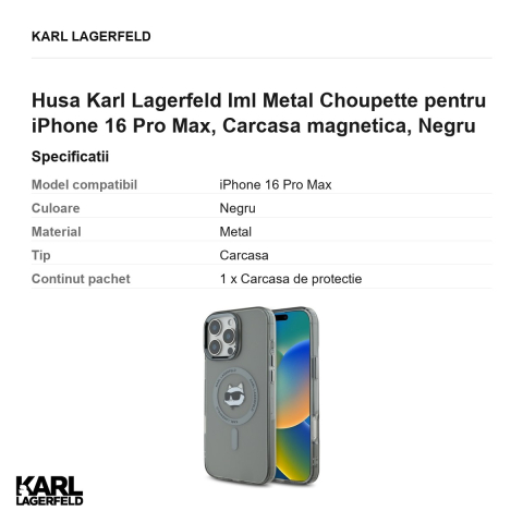 Husa Karl Lagerfeld Iml Metal Choupette pentru iPhone 16 Pro Max, Carcasa magnetica, Negru [2]