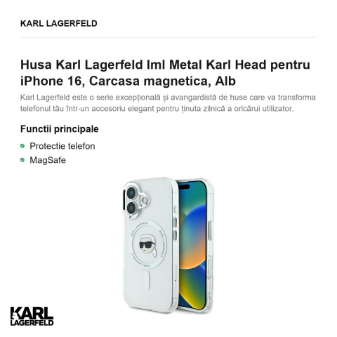 Husa Karl Lagerfeld Iml Metal Karl Head pentru iPhone 16, Carcasa magnetica, Alb [1]