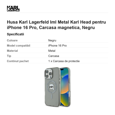 Husa Karl Lagerfeld Iml Metal Karl Head pentru iPhone 16 Pro, Carcasa magnetica, Negru [2]
