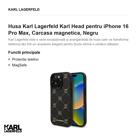 Husa Karl Lagerfeld Karl Head pentru iPhone 16 Pro Max, Carcasa magnetica, Negru [1]