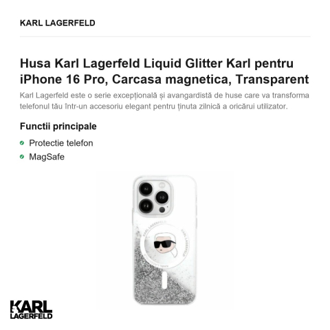 Husa Karl Lagerfeld Liquid Glitter Karl pentru iPhone 16 Pro, Carcasa magnetica, Transparent [1]