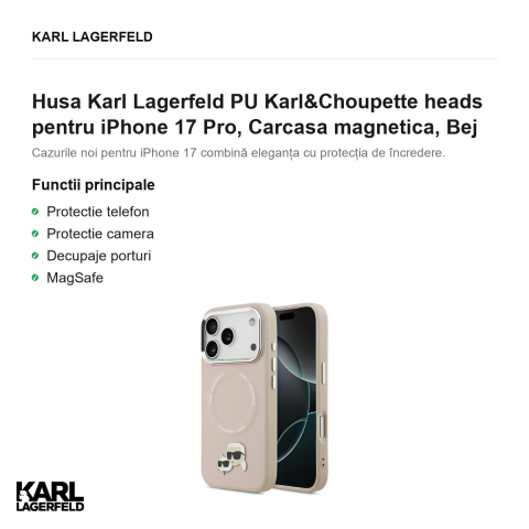 Husa Karl Lagerfeld PU Karl&Choupette heads pentru iPhone 17 Pro, Carcasa magnetica, Bej [1]
