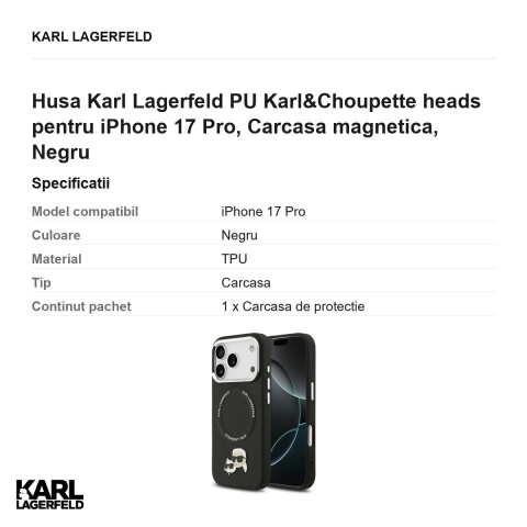 Husa Karl Lagerfeld PU Karl&Choupette heads pentru iPhone 17 Pro, Carcasa magnetica, Negru [2]