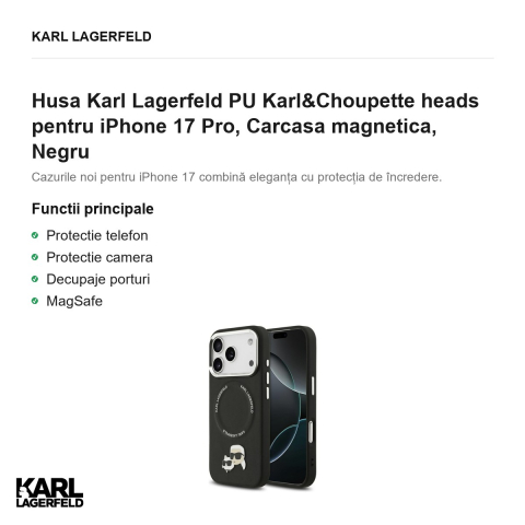 Husa Karl Lagerfeld PU Karl&Choupette heads pentru iPhone 17 Pro, Carcasa magnetica, Negru [1]