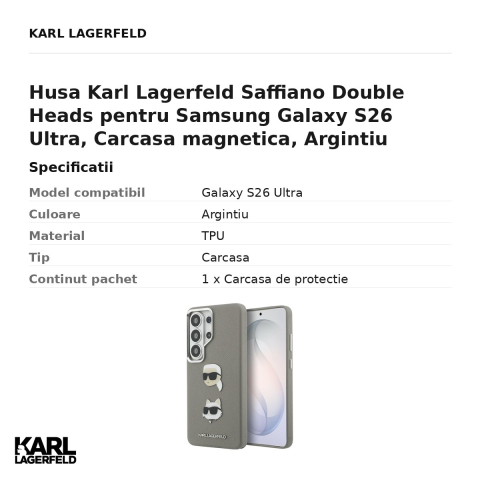 Husa Karl Lagerfeld Saffiano Double Heads pentru Samsung Galaxy S26 Ultra, Carcasa magnetica, Argintiu [2]