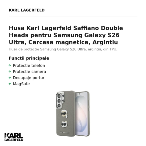 Husa Karl Lagerfeld Saffiano Double Heads pentru Samsung Galaxy S26 Ultra, Carcasa magnetica, Argintiu [1]