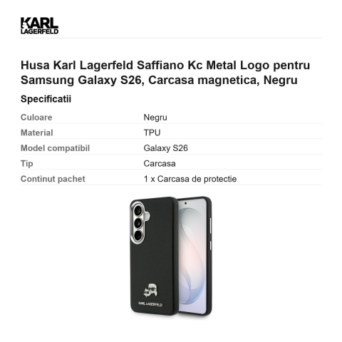 Husa Karl Lagerfeld Saffiano Kc Metal Logo pentru Samsung Galaxy S26, Carcasa magnetica, Negru [2]