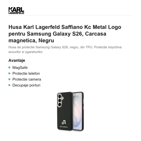 Husa Karl Lagerfeld Saffiano Kc Metal Logo pentru Samsung Galaxy S26, Carcasa magnetica, Negru [1]