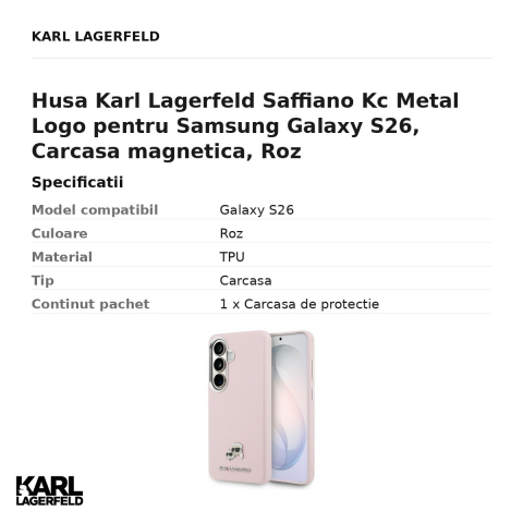 Husa Karl Lagerfeld Saffiano Kc Metal Logo pentru Samsung Galaxy S26, Carcasa magnetica, Roz [2]