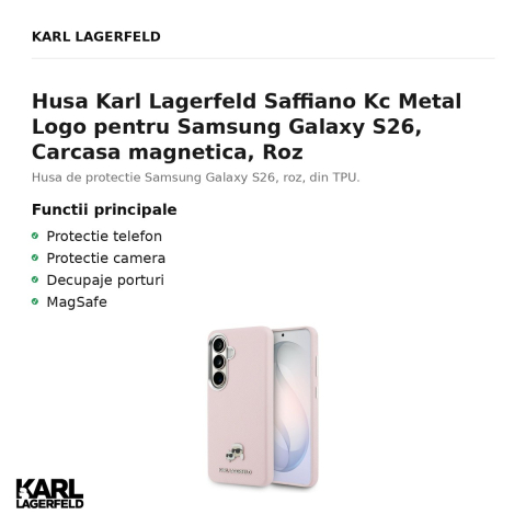 Husa Karl Lagerfeld Saffiano Kc Metal Logo pentru Samsung Galaxy S26, Carcasa magnetica, Roz [1]