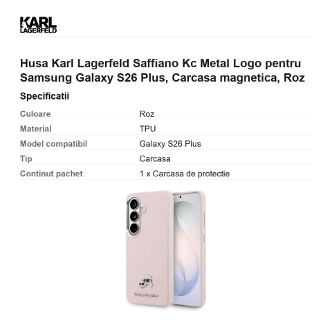 Husa Karl Lagerfeld Saffiano Kc Metal Logo pentru Samsung Galaxy S26 Plus, Carcasa magnetica, Roz [2]