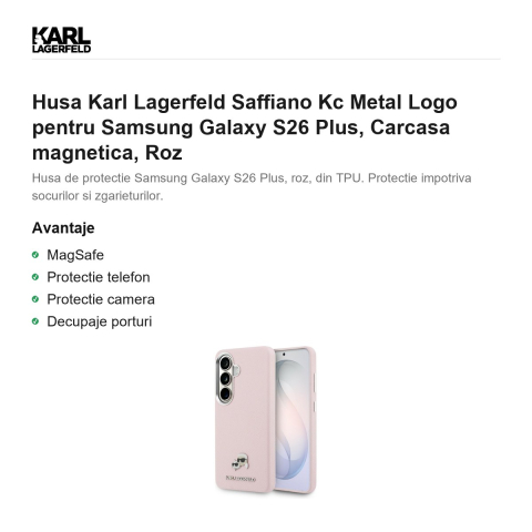 Husa Karl Lagerfeld Saffiano Kc Metal Logo pentru Samsung Galaxy S26 Plus, Carcasa magnetica, Roz [1]