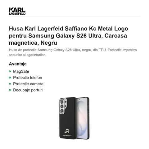 Husa Karl Lagerfeld Saffiano Kc Metal Logo pentru Samsung Galaxy S26 Ultra, Carcasa magnetica, Negru [1]