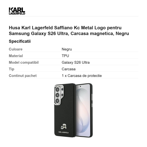 Husa Karl Lagerfeld Saffiano Kc Metal Logo pentru Samsung Galaxy S26 Ultra, Carcasa magnetica, Negru [2]