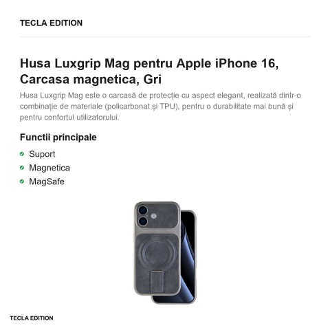 Husa Luxgrip Mag pentru Apple iPhone 16, Carcasa magnetica, Gri [1]