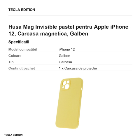 Husa Mag Invisible pastel pentru Apple iPhone 12, Carcasa magnetica, Galben [2]